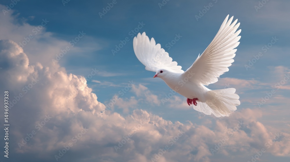 Obraz premium funeral sky background with white dove flying symbolizing freedom and spiritual release with clear copy space.