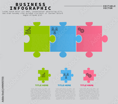 Business Infographic with 4 Horizontal Puzzle Pieces, Colorful Design, Strategy Visualization, Workflow Concept, Teamwork Icons, Editable Vector, Process Diagram, Presentation, Marketing