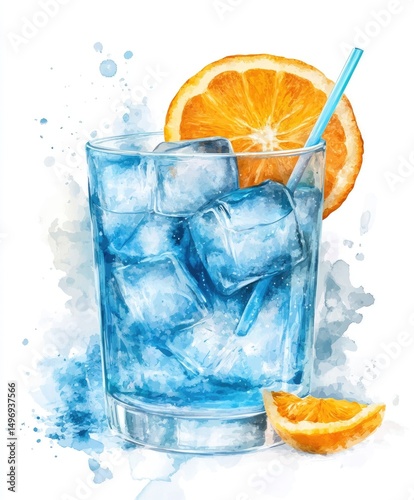Watercolor illustration of a blue drink with ice and orange slice