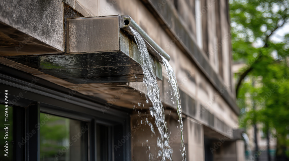 Obraz premium Architectural Detail Capturing Flowing Water from Gutters on a Building in Urban Environment