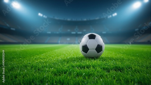 Football on grass in stadium lights
