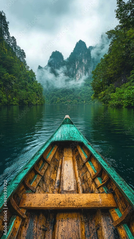 Naklejka premium Serene Boat Journey Through Misty Mountains and Emerald Waters