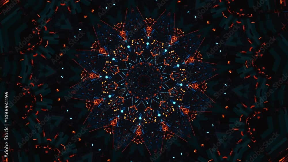Colorful pattern with black background and yellow center. Kaleidoscope VJ loop