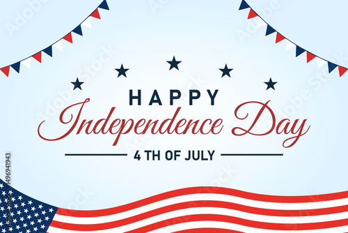 4th of July background with waving American flag and bunting decorations. Happy Independence Day USA vector illustration.