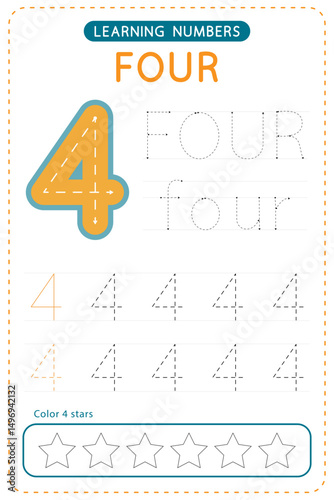 Number four tracing. Preschool worksheets. Writing practice for kids. Vector design.