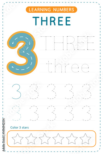 Number three tracing. Preschool worksheets. Writing practice for kids. Vector design.