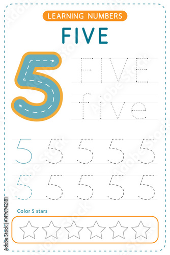 Number five tracing. Preschool worksheets. Writing practice for kids. Vector design.