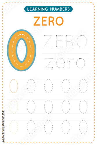 Number zero tracing. Preschool worksheets. Writing practice for kids. Vector design.