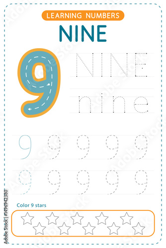 Number nine tracing. Preschool worksheets. Writing practice for kids. Vector design.