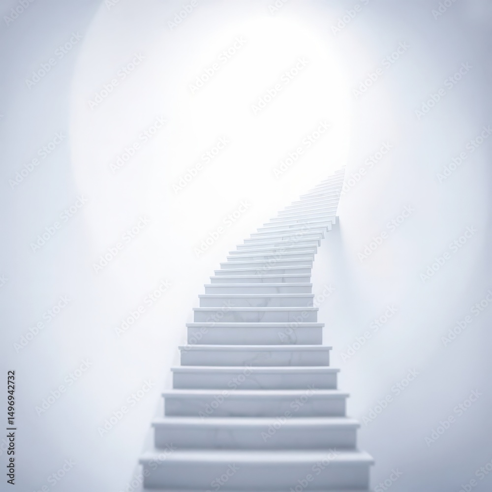 Obraz premium Spiral staircase leading towards bright light in a minimalist, ethereal space at dawn