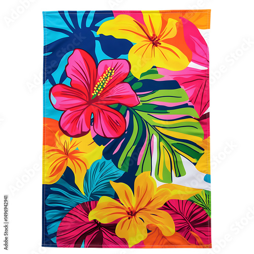 Vibrant Beach Towel with Large Tropical Motifs in a Hawaiian Flower Print Isolated on Transparent Background