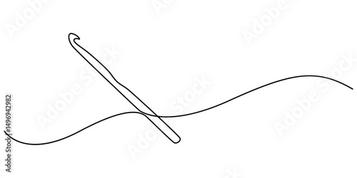  crochet hook continuous one line drawing, Antique engraving illustration: Erigne Crochet, detailed illustration of crochet tools, featuring yarn ball and crochet hook, showcasing art of crafting.