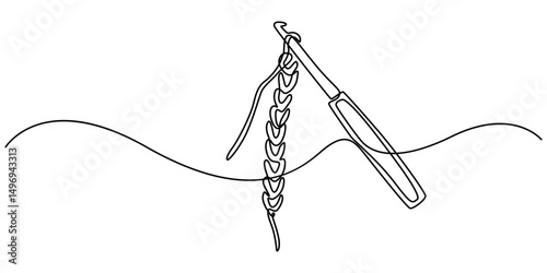  crochet hook continuous one line drawing, Antique engraving illustration: Erigne Crochet, detailed illustration of crochet tools, featuring yarn ball and crochet hook, showcasing art of crafting.