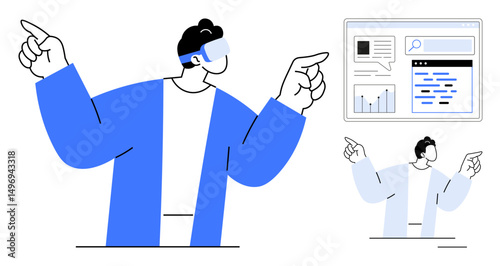 Man wearing AR glasses pointing at a digital interface with graphs and text. Ideal for technology, innovation, virtual tools, digital transformation, teamwork, education, simple landing page