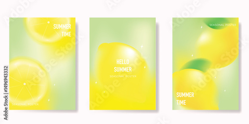 Abstract colorful gradient fruit card background set. Minimalist poster with lemon. Modern summer and spring wallpaper design for drink menu, promotion, beverages, ads.