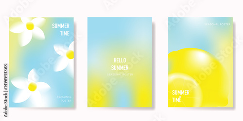 Abstract colorful gradient fruit and flower card background set. Minimalist poster with flower, lemon. Modern summer and spring wallpaper design for home decoration, website, banner, ads.