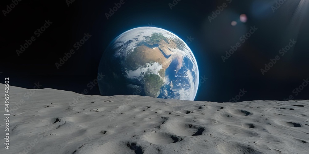 Fototapeta premium Earth from Moon: Witness the breathtaking sight of Earth rising above the lunar horizon, offering a unique perspective on our home planet from the desolate, textured surface of the Moon.