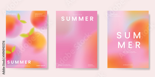 Abstract colorful gradient fruit card background set. Minimalist poster with peach. Modern summer and spring wallpaper design for drink menu, promotion, beverages, ads.