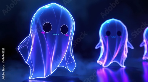 Colorful glowing ghosts dance playfully in a dark digital space during a Halloween celebration