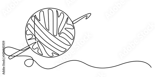 yarn and crochet hook continuous one line drawing, Knitting, ball of wool and needles Illustration, Balls of thread. Skein of knit. Vector art line, yarn ball and crochet hook crafting supplies pro.