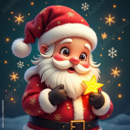 Cheerful Santa holding a star with a festive background of snowflakes during the holiday season