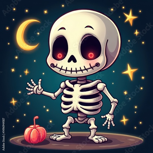 Halloween skeleton character with glowing eyes and pumpkin under a starry night sky