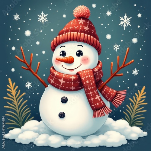 Cheerful snowman wearing hat and scarf standing in snow with falling snowflakes in winter wonderland setting