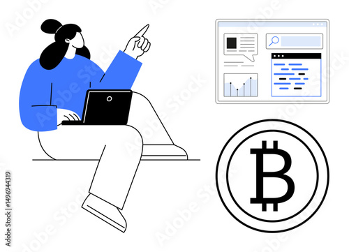 Woman working on laptop, pointing toward analytics dashboard with Bitcoin symbol nearby. Ideal for fintech, blockchain, cryptocurrency, online trading, financial education, digital business, simple