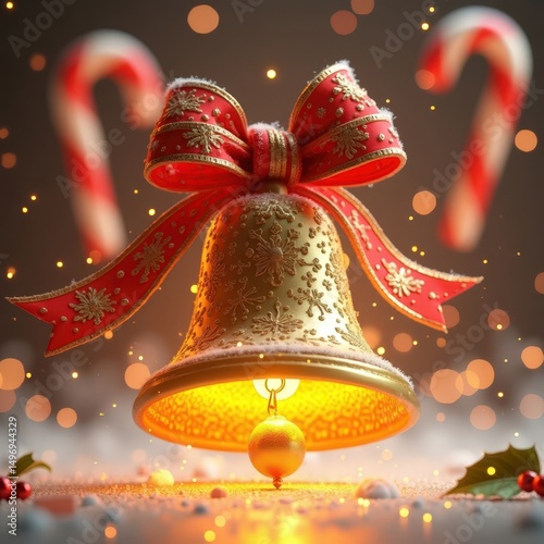 Golden Christmas bell with red ribbon and festive candy canes on a soft background illuminated by warm light