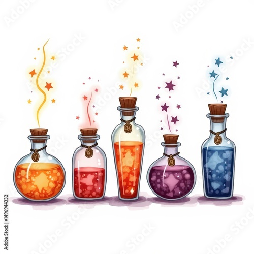 Colorful potion bottles arranged on a table with swirling smoke effects in a whimsical setting