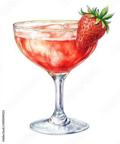 Watercolor illustration of a stemmed cocktail glass filled with a vibrant, strawberry-red drink, topped with a fresh strawberry