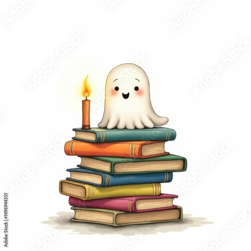 Cute ghost sitting on a stack of colorful books with a lit candle in a cozy atmosphere