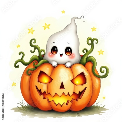 Cute ghost pops out of a carved pumpkin surrounded by playful green vines in a whimsical Halloween setting