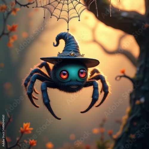 Colorful spider wearing a hat hangs from a web in a magical forest during autumn
