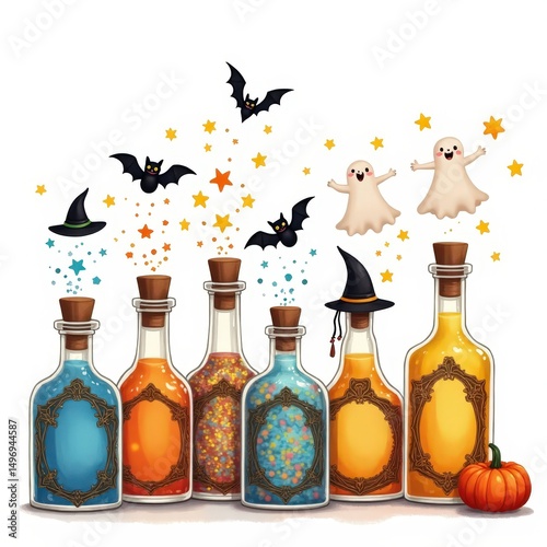 Colorful potion bottles with spooky decorations for Halloween celebration