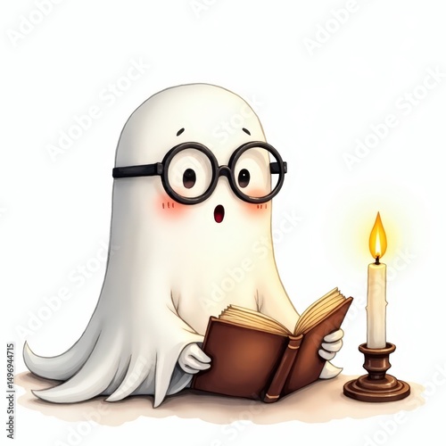 Cute ghost reading a book by candlelight in a cozy setting during nighttime