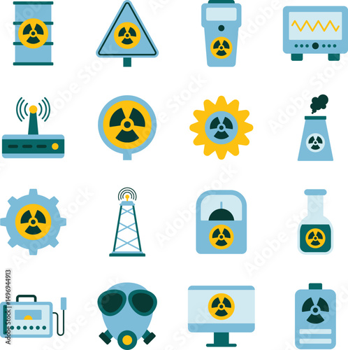 Radiation illustration set. Includes of radioactive, nuclear, hazard, danger, radiation warning, and More. Vector flat color collection