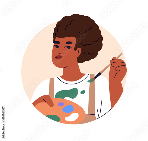 Creative artist with paintbrush and paint palette, user profile. Young person drawing with brush, professional portrait, face avatar in circle. Flat vector illustration isolated on white background