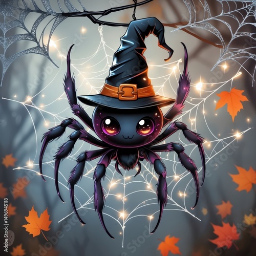 Cute black spider with a witch hat hangs on a web in a forest during autumn