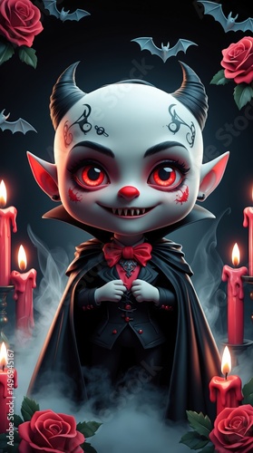 Vampire character in a dark setting surrounded by candles and roses at night