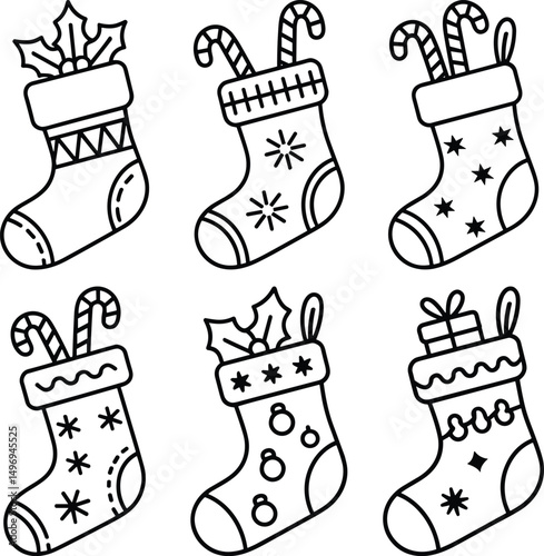 Set of 6 Christmas Stocking Line Art Illustrations – Festive Vector Bundle