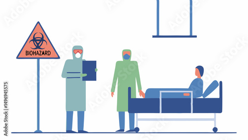 Illustration of patient in hospital bed with doctors in ppe and biohazard sign near the patient bed area