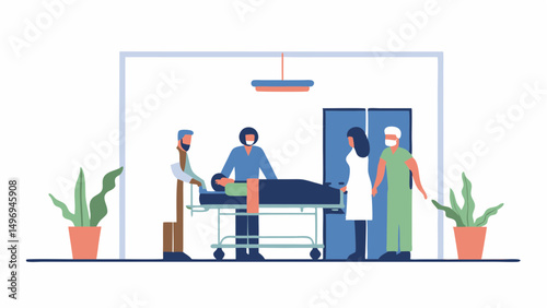 A patient is being wheeled on a gurney by medical staff in a hospital room with plants and a closed door