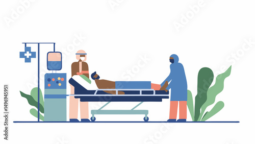 Patient being moved on a gurney by healthcare workers wearing protective gear in a hospital setting