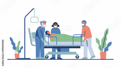 Illustration of medical staff transporting a patient on a gurney with plants in pots on the floor near them