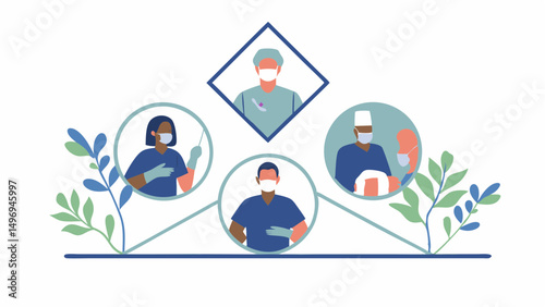 Illustration showing four healthcare workers wearing masks and gloves connected by lines and surrounded by plants