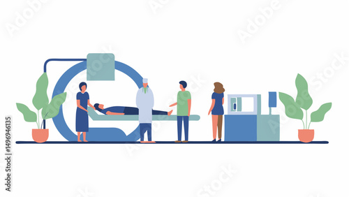 Patient undergoing mri scan with medical staff and family present in a hospital setting illustration