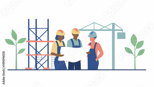 Three construction workers in hard hats reviewing a blueprint on a construction site with a crane visible