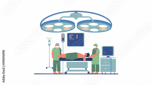 Illustration of surgeons in an operating room with patient under surgical lights and medical equipment