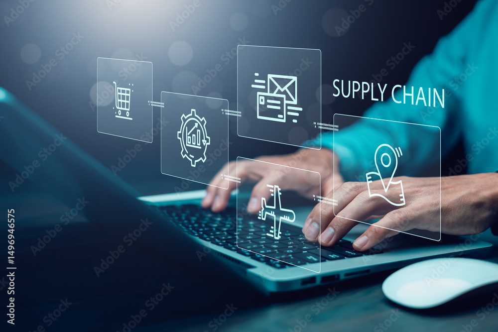Fototapeta premium Supply Chain Management concept transportation and logistic suppliers, import export and transport industry. network distribution growth. container cargo ship and trucks of industrial cargo freight